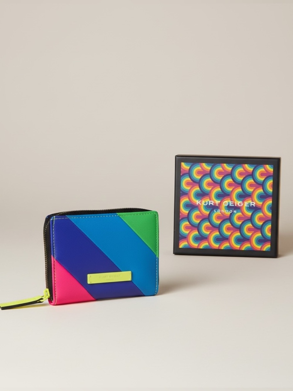 Kurt Geiger London Rainbow Multi-Stripe Double Zip-Top Wallet with branded box